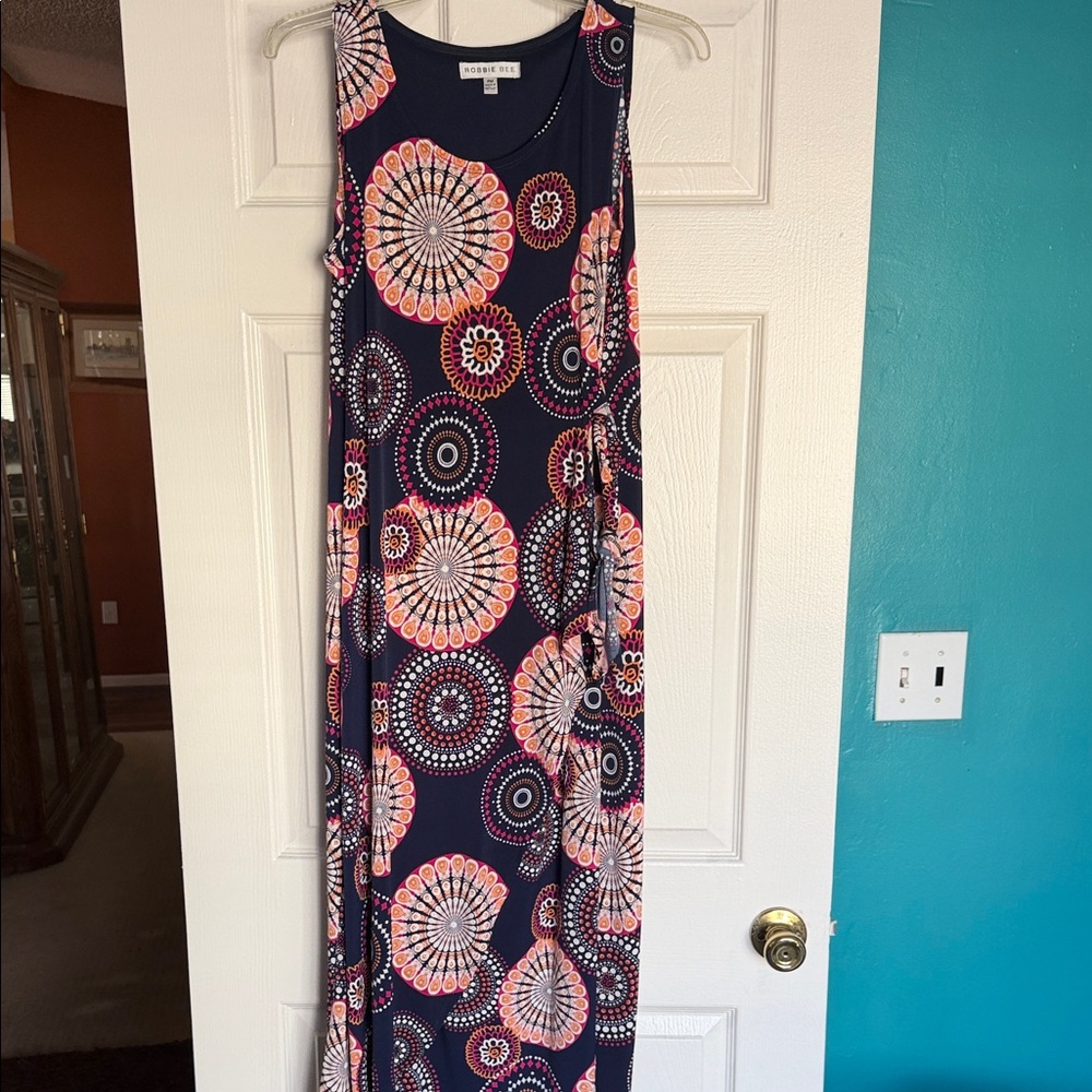 Robbie Bee Navy Maxi Dress with Pink and Coral Medallion Print